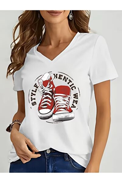 H&GHAMLEGİYİM Printed T-Shirt. Short Sleeve V-Neck Summer & Spring Casual Top...
