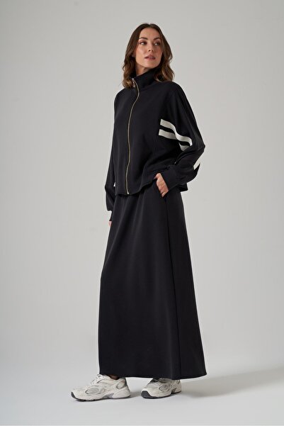 Nuss 1096 Şerit Detaylı Fermuarlı Etekli Takım – Siyah