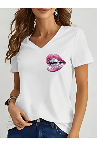 yombaa cu imprimeu Tricou. Top casual cu mâneci scurte și decolteu în V pentr...