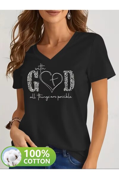 H&GHAMLEGİYİM Printed T-Shirt. Short Sleeve V-Neck Summer & Spring Casual Top...