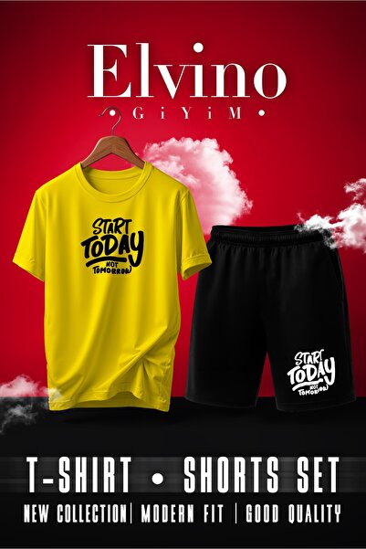 Elvino Start Today Printed Double O Oversized Yellow Tshirt Shorts Men's Set