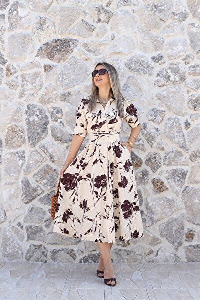 bytugcekaya Burgundy Floral Printed Balloon Sleeve Dress
