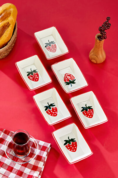 Akkoyunlu home Çilek Patterned Ceramic Snack Bowl Set of 6 Rectangular Breakf...
