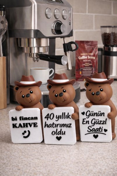 edoy Kahve Köşesi Dekoru Ayıcık Biblo 3’lü Set – Mutfak Kahve Temalı Dekoratif Obje - Kahve Temalı Dekor