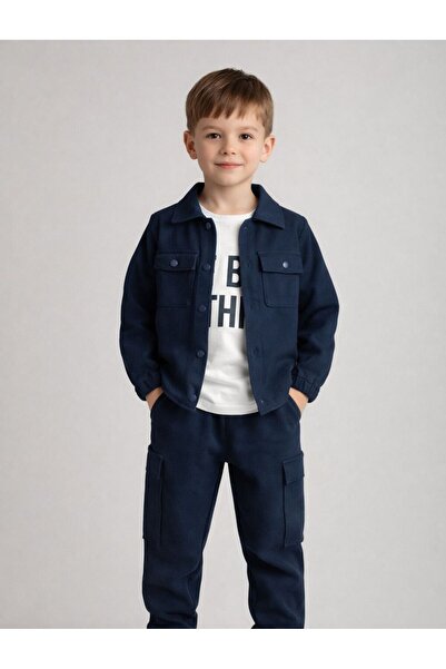 harby kids Boy's Navy Blue Top with Snap Fasteners Gabardine 3-Piece Set