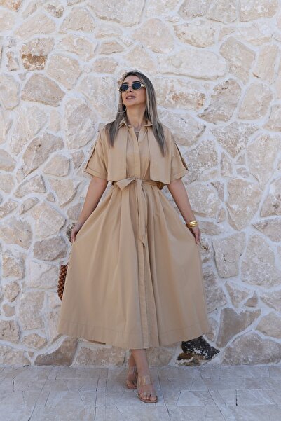 bytugcekaya Camel Windbreaker Detailed Shirt Dress