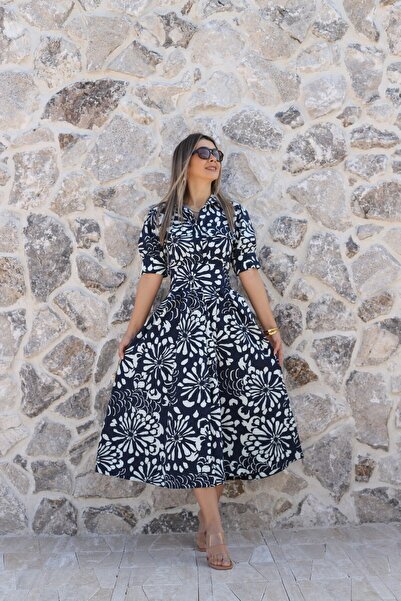 bytugcekaya Navy floral Printed balloon sleeve dress