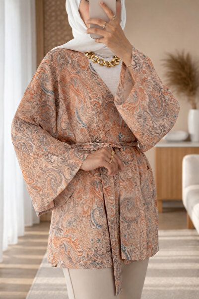 bellura Karışık Desenli Bağcıklı Kimono