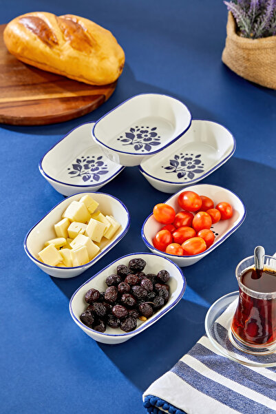 Akkoyunlu home Blue Floral Print Ceramic Oval Snack Bowl Set of 6 Breakfast S...
