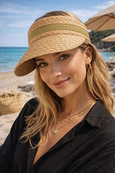 MARBERRY Camel Striped Detail Straw Visor Tenisci Women's Hat