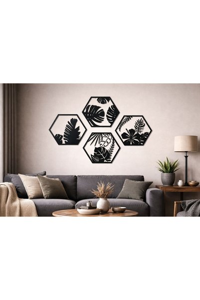 ArliaDesign 4 Parçalı Petek Şeklinde Modern Çiçek Bahçesi Ahşap Tablo Seti / Duvar Dekoru / Siyah 3 mm MDF