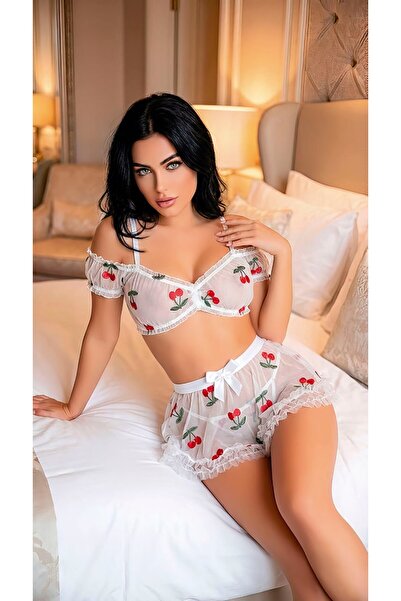 Bleu Petite White Cherry Patterned Bow Detail Skirted Bra Set