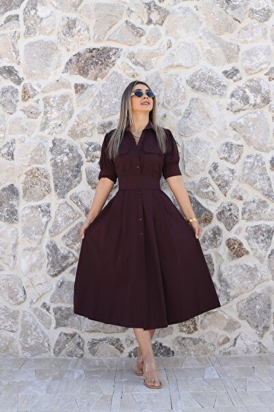 bytugcekaya Burgundy Balloon Sleeve Shirt Dress