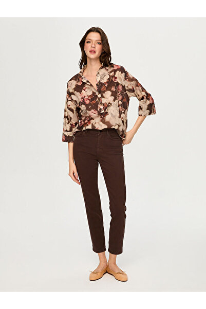 Faik Sönmez Soyut Çiçek Desen 3/4 Kol Pamuk Vual Bluz S26BLZ043