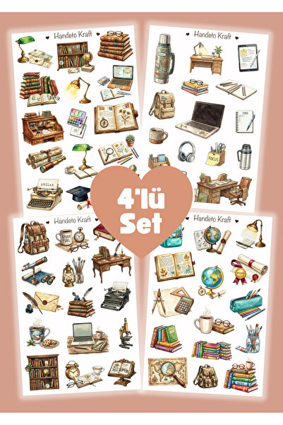 Handeto Kraft 4'lü Vintage Ders Çalışma Sticker Set Planner Ajanda Bullet Jou...
