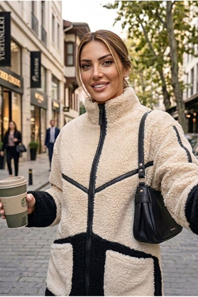 Alfudo Kadın Krem Siyah Peluş Polar Ceket