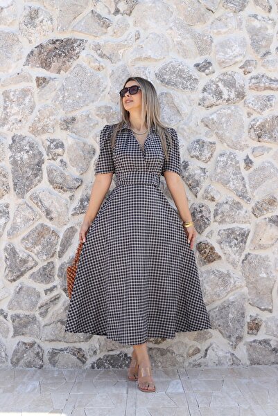 bytugcekaya Beige-Navy Blue Polo Collar Mini Checked Dress