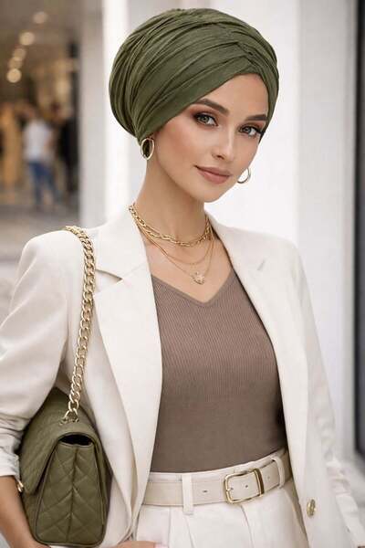 Aişe tesettür Χακί Χαλαρό Καπέλο με Κορδόνι Περίσφιξης