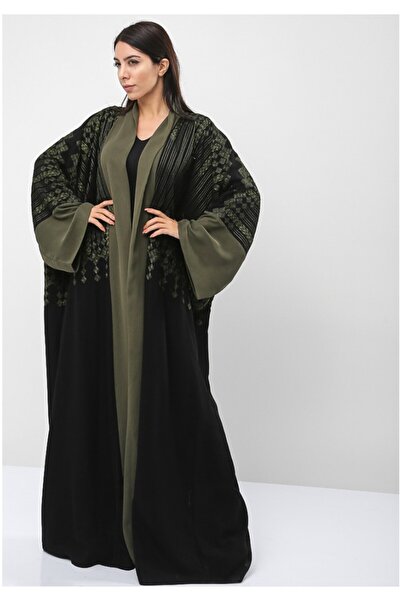 Bousni Bisht style front open embroidered abaya with green trimmings