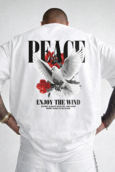 MARKATEM Men's Black Oversized Dove and Rose Printed Peace Themed Back Print ...