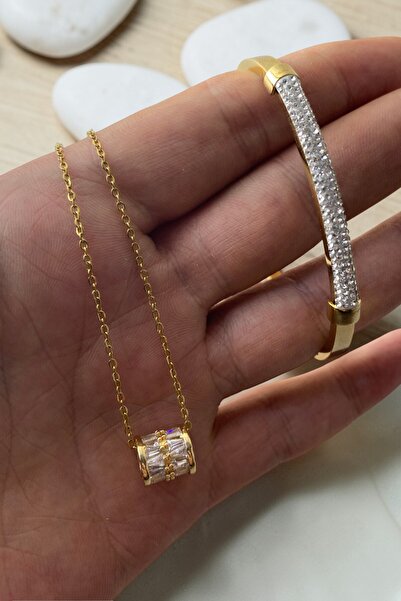 Lorivelle Kadın Paslanmaz Çelik Gold Renk Baget Taşlı Silindir Kolye ve Kelep...