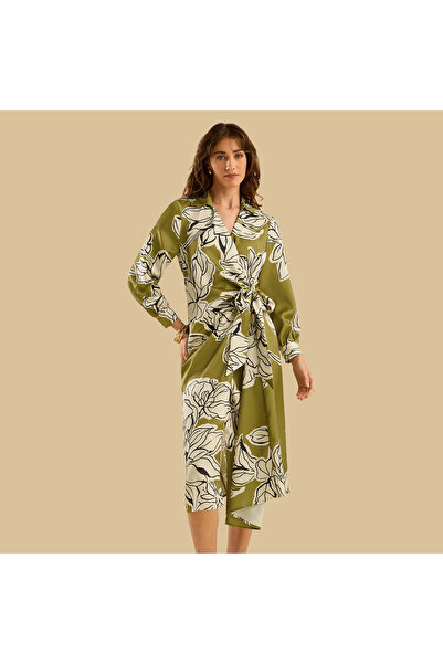 Generic Floral Print Satin Wrap Dress
