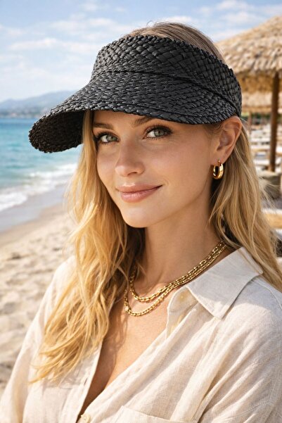 HAZAL KAYA ATELIER Black Hand Knitted Straw Visor Tenisci Women's Hat