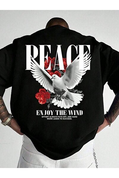 MARKATEM تي شيرت رجالي أسود كبير الحجم بطبعة حمامة ووردة مطبوع بطبعة خلفية ذا...