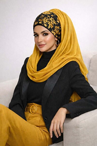 Aişe tesettür شال باندانا أسود بلون الخردل جاهز للارتداء