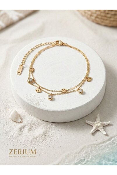 ZERİUM Nazar Gözlü Çelik Kadın Halhal Çift Zincir Tasarım