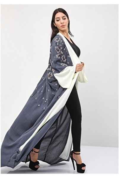 Bousni Stylish Front Open Embroidered Abaya with Off-White Trimmings