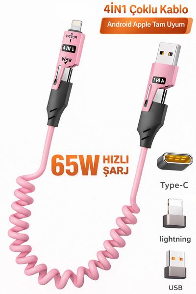Tech&bello accessories 65W 4İN1 Çoklu Spiral İphone Android Hızlı Şarj Ve Dat...