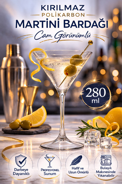 İstanbul Horeca Polikarbon Martini Kadehi Kırılmaz Cam Görünümlü 280 ML Kokte...