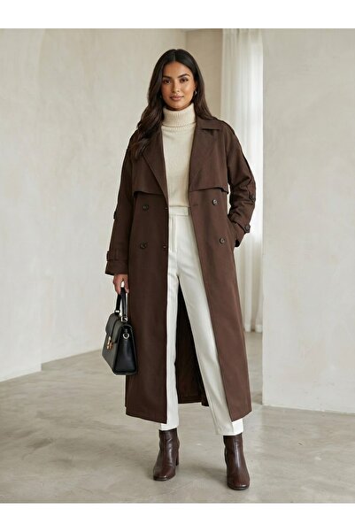 Beanty Acı Kahve Kuşaklı Oversize Uzun Trençkot