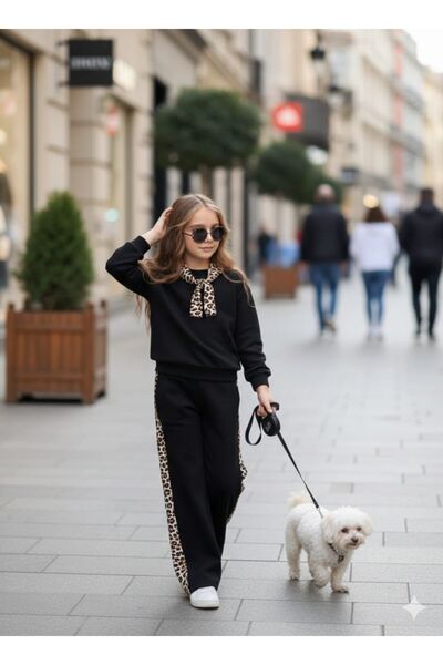 MİA SHİNE S Girl's Leopard Printed Piece Combination Set with Detachable Scar...