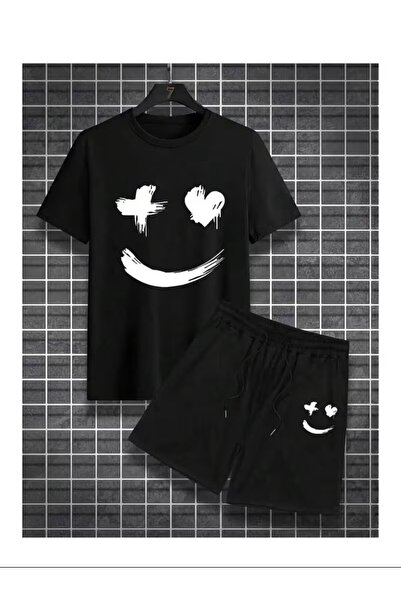 LAND MODA Tricou Smiley Face Pantaloni scurți - Tricou cu pantaloni scurți ne...