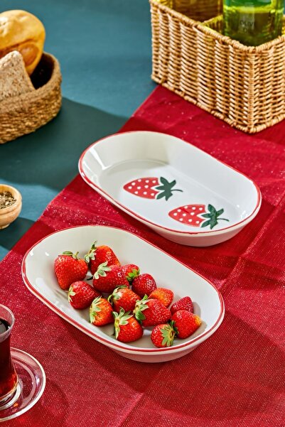 Akkoyunlu home Çilek Patterned Red Edged Ceramic Breakfast Presentation Plate...