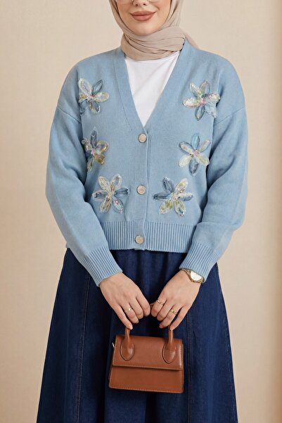 HİJABAYA Buttoned Knitwear Cardigan with Sequins and Floral Details on the Fr...