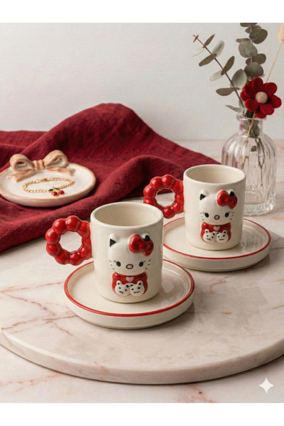 seda seramik El Yapımı Hello Kitty Tasarım 4 Parçalı 2 Kişilik Kahve Fincan T...