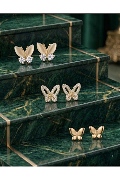 POEM JEWELLERY 3’lü Kelebek Küpe Seti Altın Kaplama Zirkon Taşlı Minimal Stud...