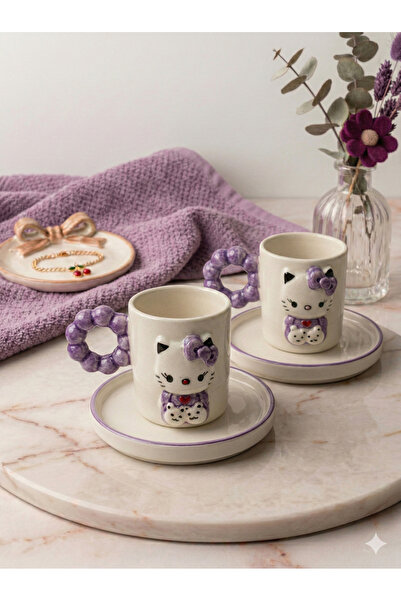 seda seramik El Yapımı Hello Kitty Tasarım 4 Parçalı 2 Kişilik Kahve Fincan T...