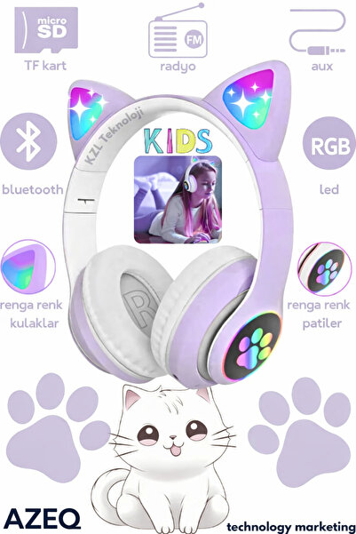 AZEQ Işıklı Kedi Kulaklık Çocuk Kulaklığı Bluetooth RGB LED Mikrofonlu Kablos...
