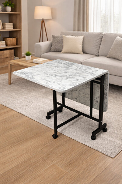 akconcept 70x110 Açılabilir Katlanabilir tekerlekli masa beyaz mermer