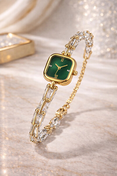 naaksesuar Gold Color Tiff Model Green Dial Stone Luxury Women's Watch