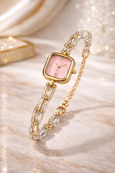 naaksesuar Gold Color Tiff Model Powder Pink Dial Stone Luxury Women's Watch