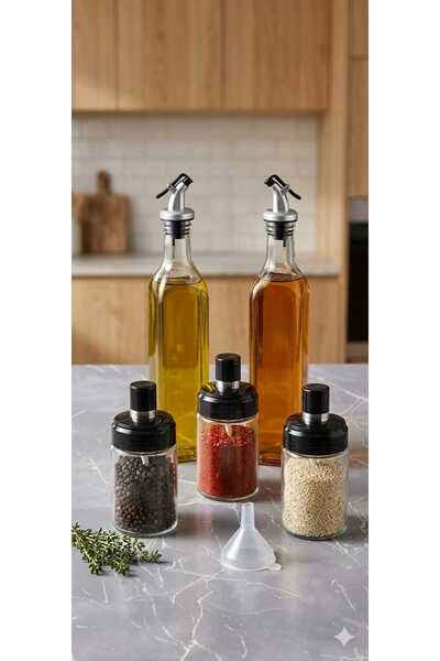 SNK 5 Pieces Glass Oil Dispenser Pourer & Spice Jar Set – 2 Oil Bottles + 3 S...