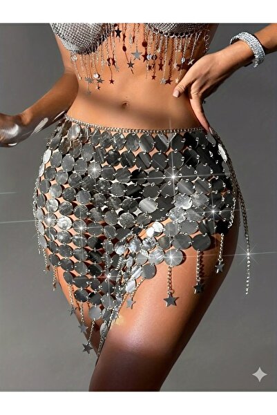 PERLMUTT Gümüş 1️⃣ Kadın Metal Pul Zincir Pareo Etek Festival Dans Kostümü Pl...