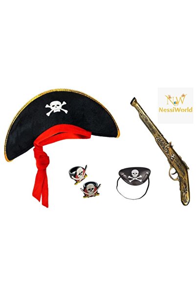 NW NessiWorld Korsan Şapkası + Tabanca + Maske + 2 Adet Yüzük Kostüm Seti Çocuk