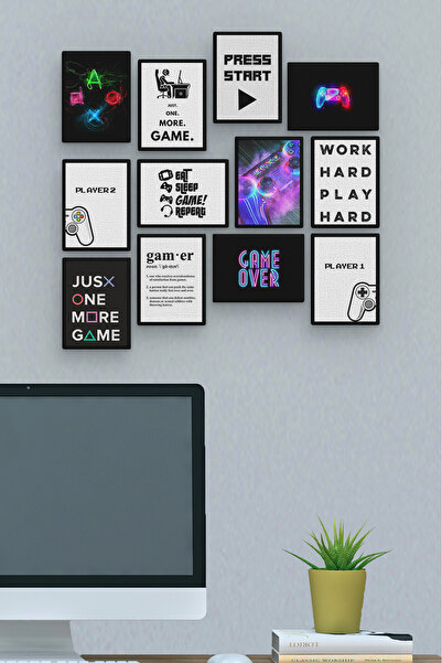 Omotasarım Gamer 12 Parça MDF Mini Tablo Seti – Modern Duvar Dekoru