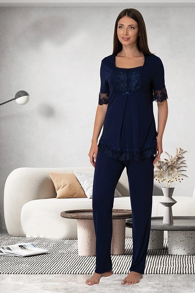 Effortt Dvina Maternity Lace Detailed and Short-Sleeved Pajama Set - Navy Blue